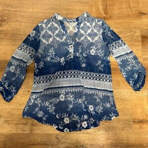 PerSeption Concept Blue Paisley Floral Mixed Print Sheer Boho Tunic L